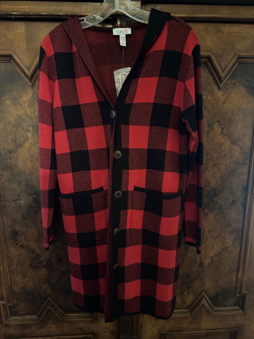 Denim&Co Red and Black Buffalo Plaid Hooded Button Cardigan